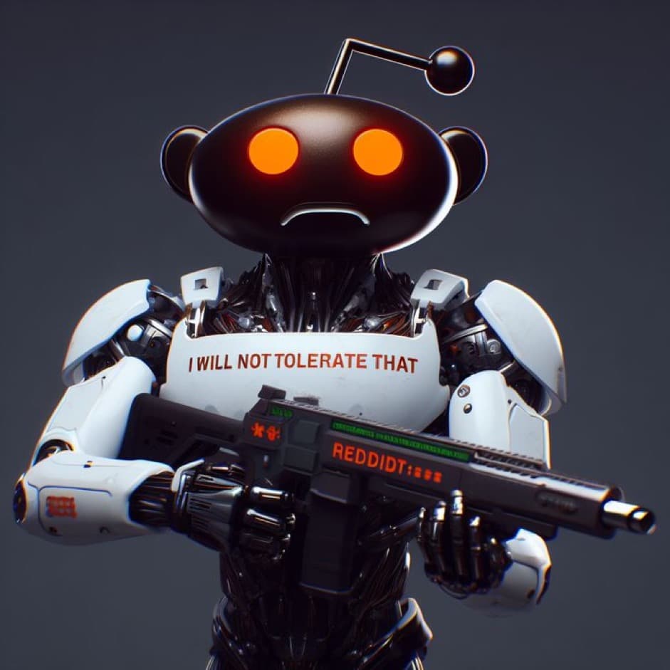 A 3D-rendered image of a white and black robot with glowing orange eyes and a frowning mouth, holding a futuristic rifle. The robot has a stern expression and is depicted in a threatening pose.