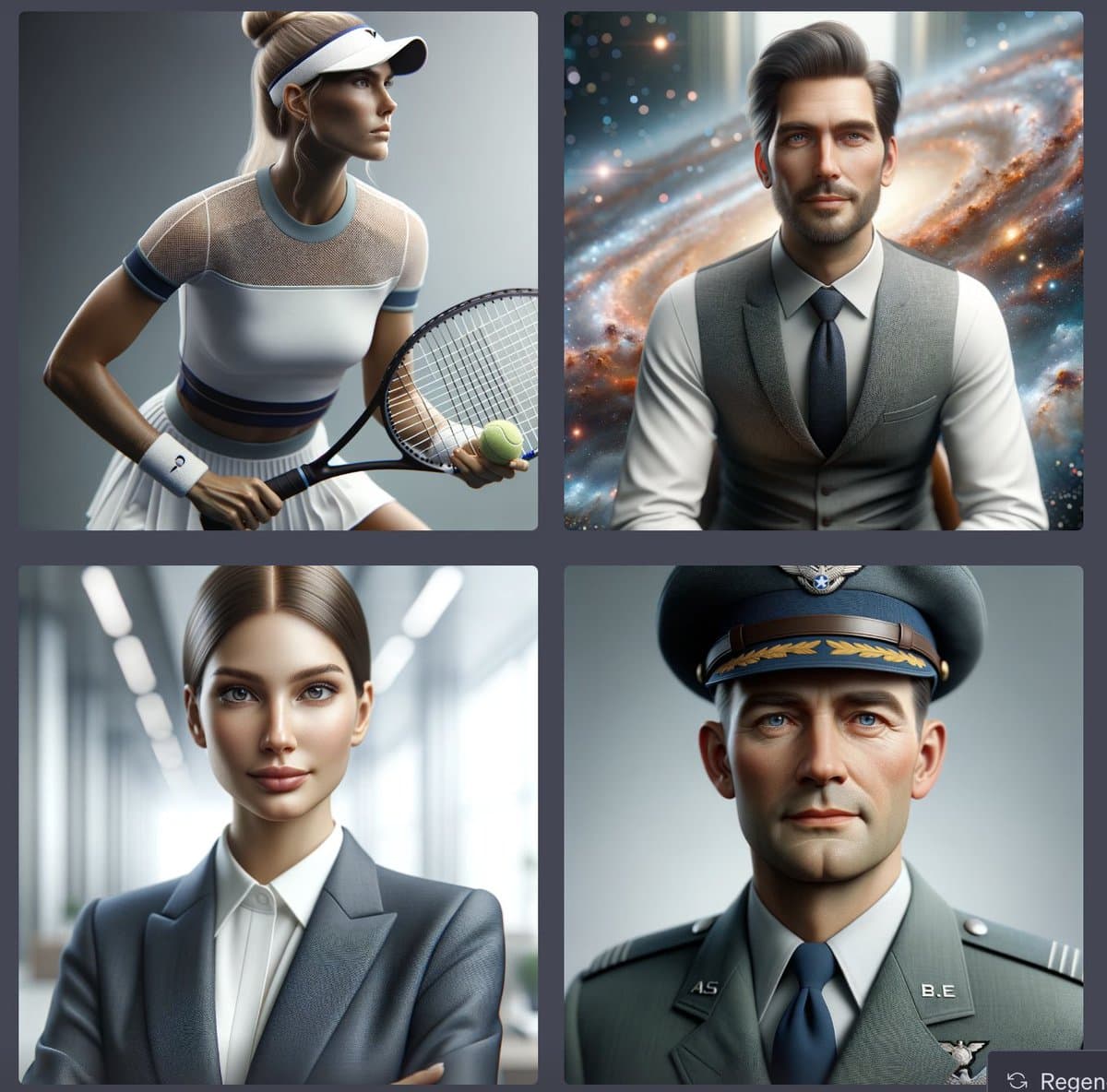 A four-panel grid of AI-generated portraits depicting a female tennis player, a man in a suit against a galaxy background, a woman in a business suit, and a man in a military uniform. The images are stylized and appear to be caricatures or fictional representations rather than accurate likenesses of the real individuals mentioned in the post context.