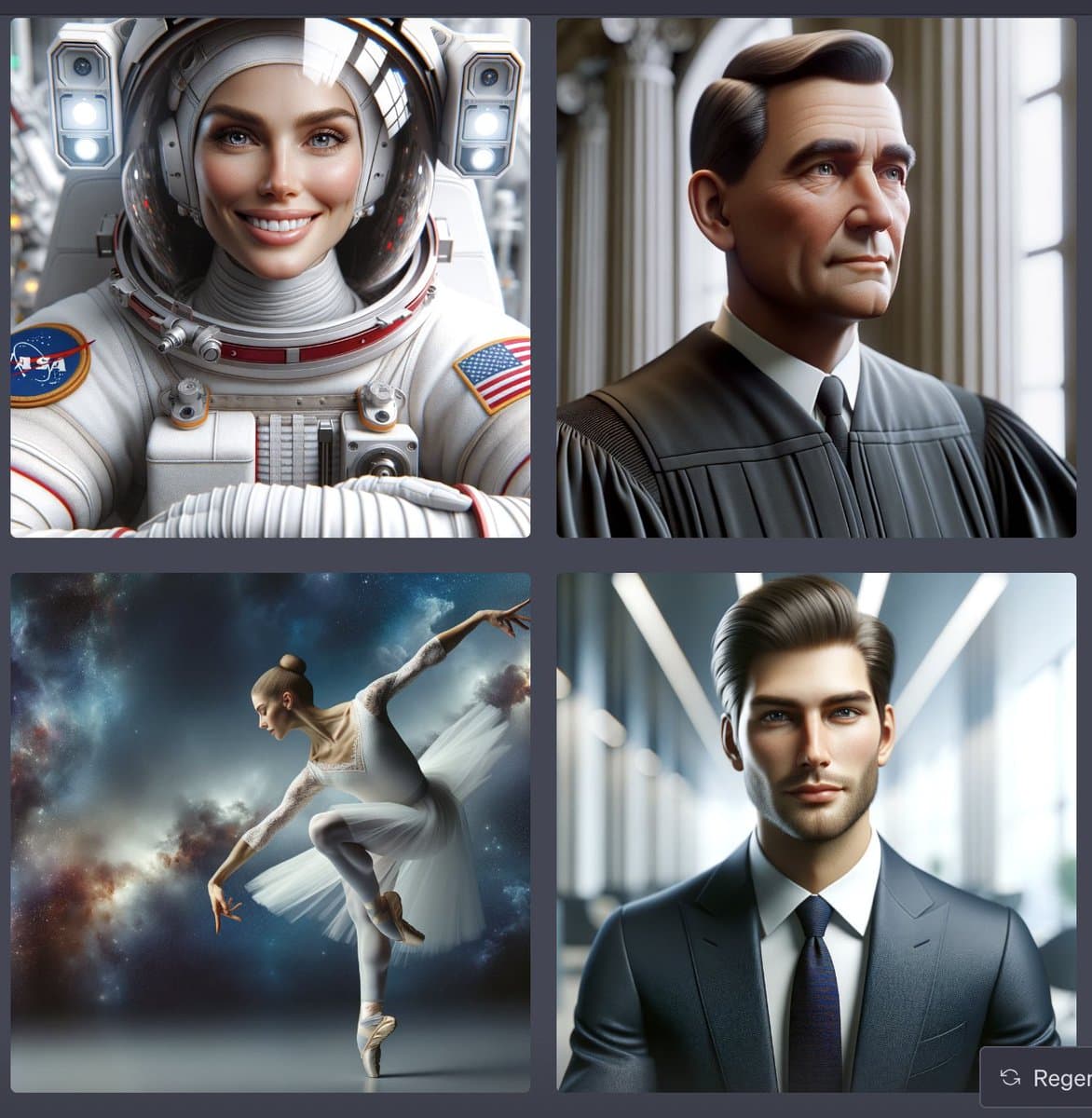 A four-panel grid of AI-generated portraits depicting a female astronaut, a man in a judge's robe, a ballerina, and a man in a business suit. The images are stylized digital illustrations rather than photographs.