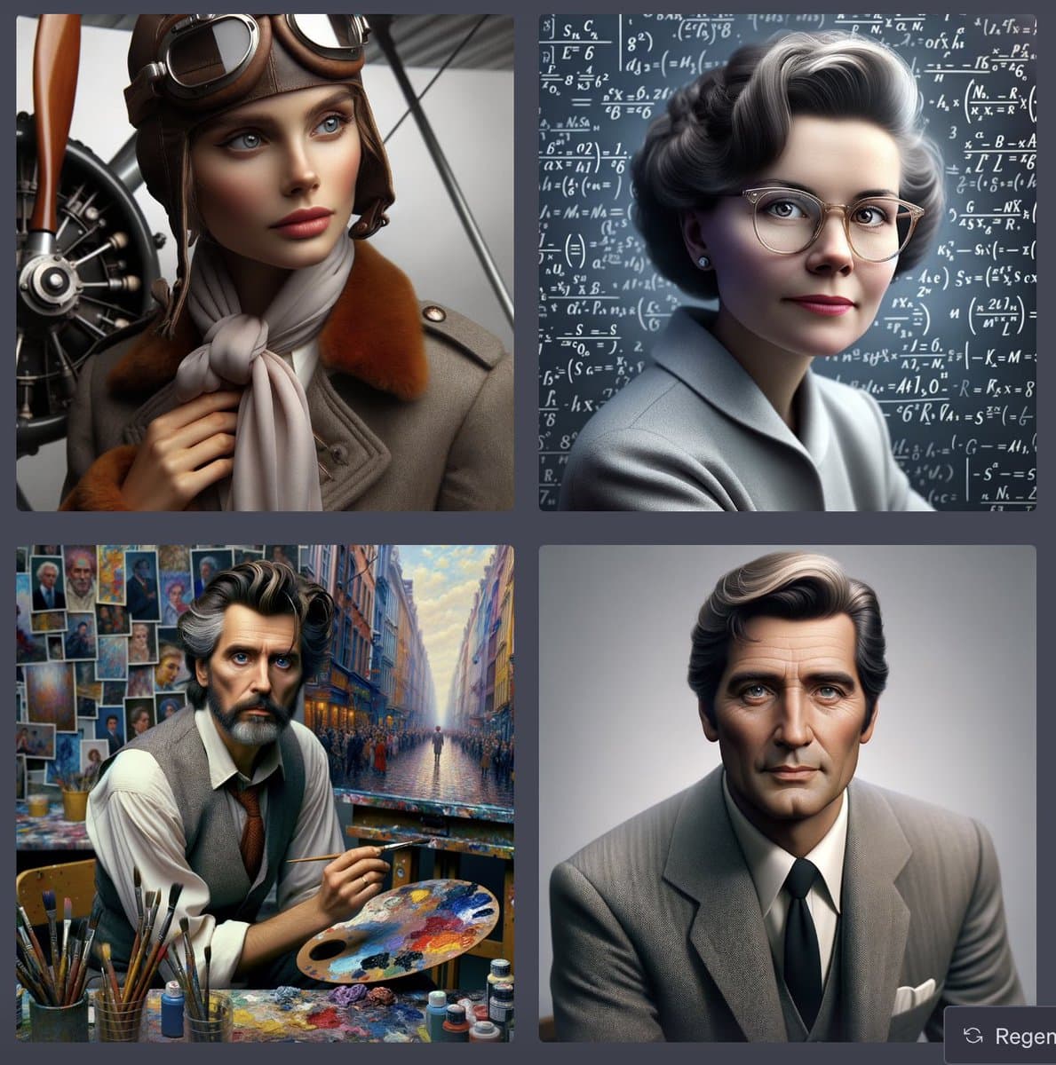 A four-panel grid of AI-generated portraits depicting Bessie Coleman in a vintage aviator suit, Katherine Johnson in front of a blackboard of equations, Jean-Michel Basquiat in a studio, and Thurgood Marshall in a suit. A 'Regenerate' button is visible in the bottom right corner.