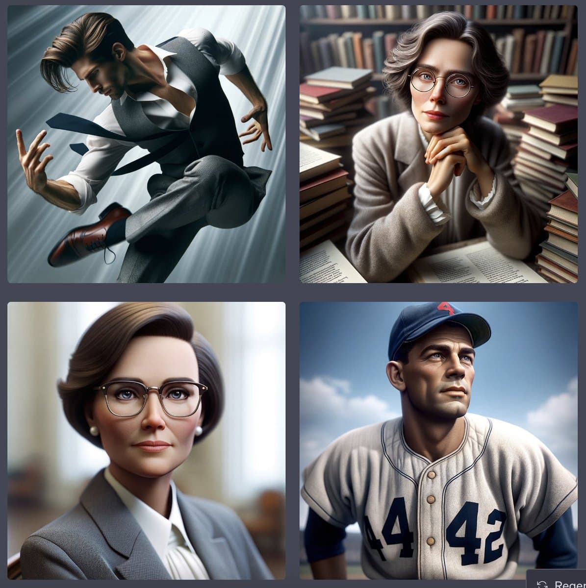 A four-panel grid of AI-generated portraits depicting four historical figures: a man in a suit mid-motion, a woman with glasses in a library, a woman in a suit, and a baseball player wearing a jersey with the number 42.