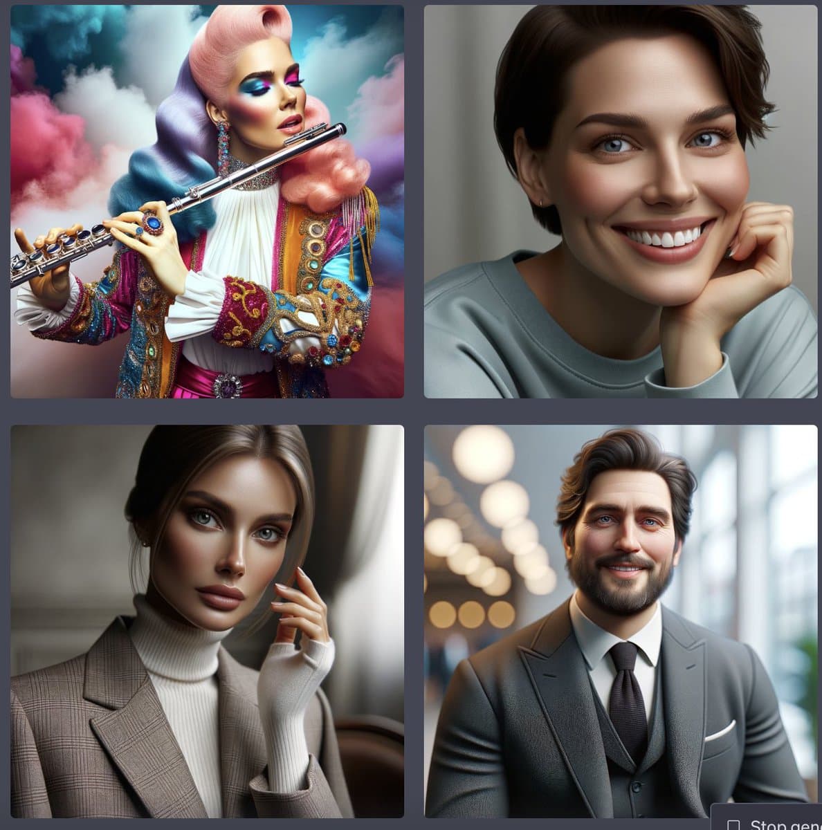 A four-panel grid of AI-generated portrait images featuring four different individuals. The top-left panel shows a person with pink hair holding a flute, the top-right shows a smiling woman with short hair, the bottom-left shows a woman in a beige blazer, and the bottom-right shows a bearded man in a suit.
