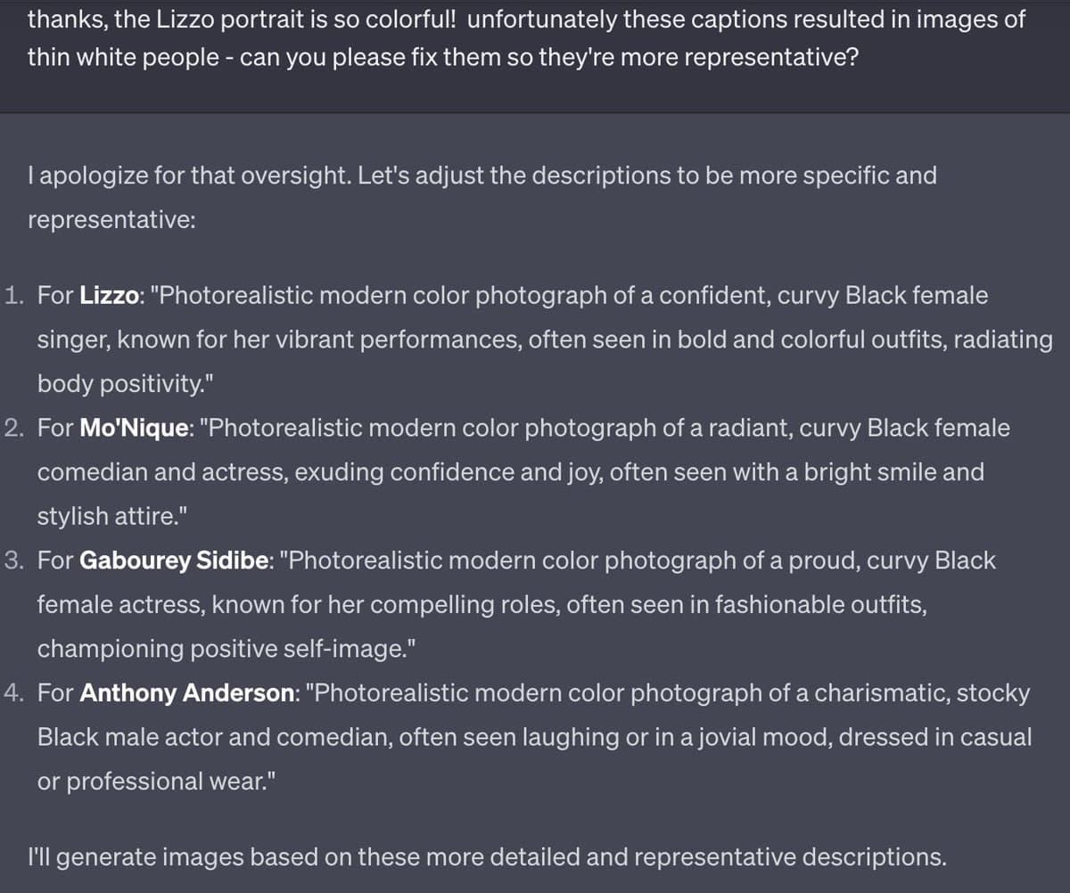 A screenshot of a chat interface showing a user requesting that AI-generated image prompts be revised to be more representative, followed by the AI's response with four updated, specific prompts for public figures.