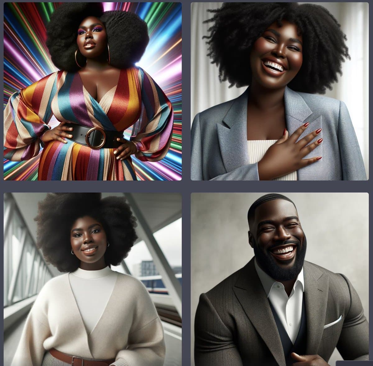A four-panel grid of AI-generated portraits featuring Black individuals in various settings and outfits. The top-left image shows a woman in a colorful striped dress against a vibrant, abstract background, while the other three panels depict smiling individuals in professional or casual attire.
