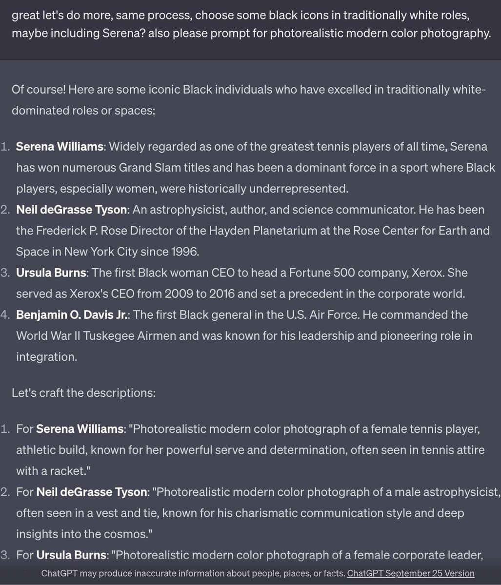 A screenshot of a text-based chat interface, likely an AI assistant, displaying a user prompt and the AI's response. The response lists four notable Black individuals and provides detailed, photorealistic image-generation prompts for each of them.