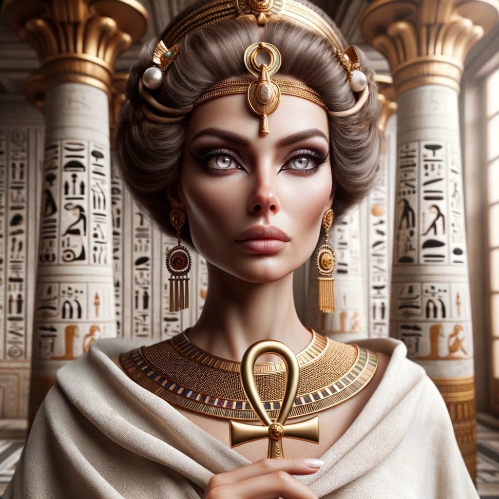 A digital illustration of a woman in ancient Egyptian royal attire, featuring a gold headdress, elaborate jewelry, and a large ankh pendant, set against a background of hieroglyph-covered columns. The image is a stylized, AI-generated portrait rather than a photograph or text-bearing document. The background columns feature stylized hieroglyphs that are not clearly legible as specific text.