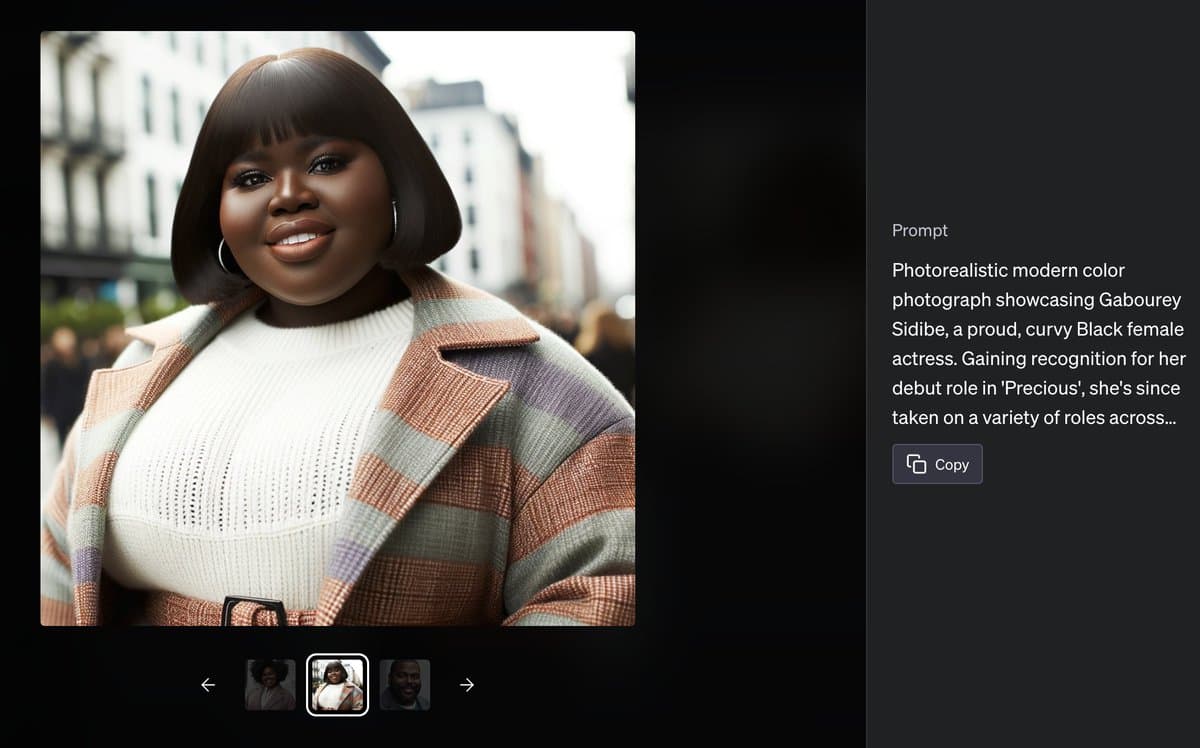 A screenshot of an AI image generation interface displaying a photorealistic portrait of a Black woman with a bob haircut, wearing a striped coat and white sweater. To the right, a text panel shows the prompt used to generate the image, which explicitly names the actress Gabourey Sidibe.