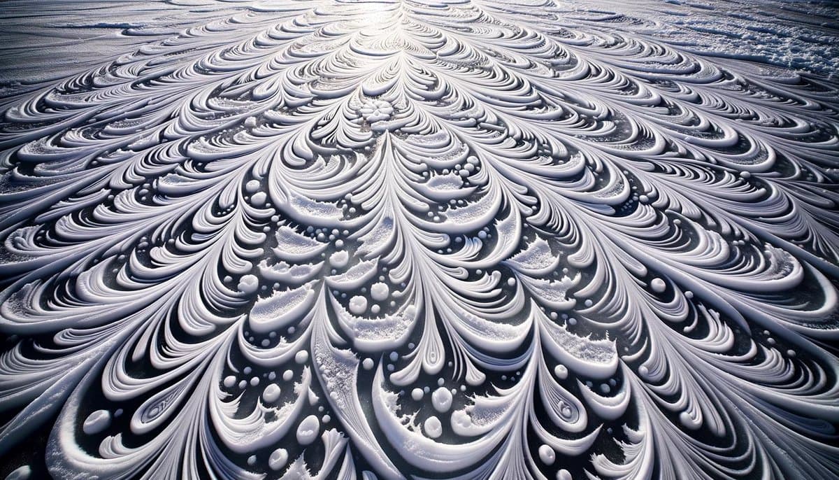 A surreal, AI-generated image featuring a vast, textured landscape of white, swirling patterns that resemble stylized waves or feathers radiating from a central point.