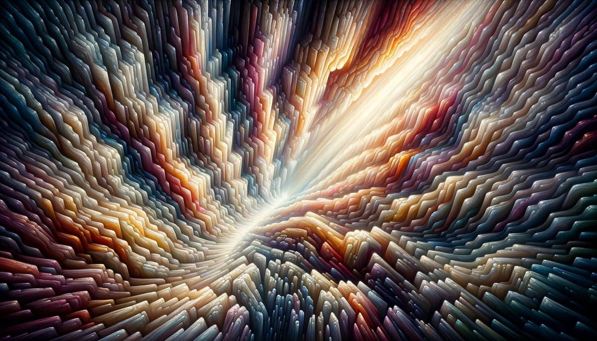 A digital art image depicting a tunnel-like structure made of countless colorful, ribbed columns that converge toward a bright light source in the center. The columns display a spectrum of colors, including blues, purples, oranges, and whites, creating a sense of depth and movement.