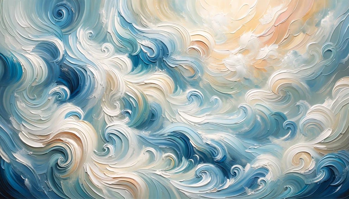 A digital painting depicting swirling ocean waves and foam in shades of blue, white, and cream, with a soft, warm light in the upper right corner. The image features a thick, impasto-style texture that emphasizes the movement of the water.