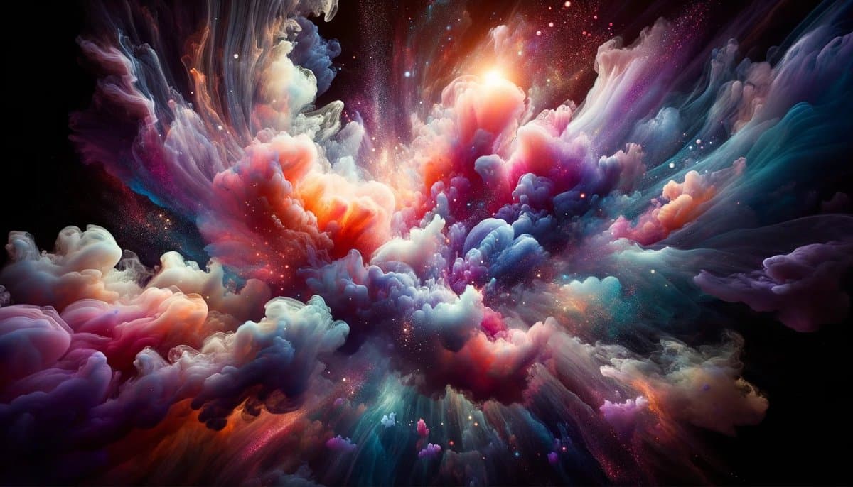 A vibrant, abstract digital artwork depicting a cosmic nebula with swirling clouds of pink, purple, blue, and orange gas against a dark, star-filled background. The image features a bright, glowing light source at the center, creating a sense of depth and movement within the celestial clouds.