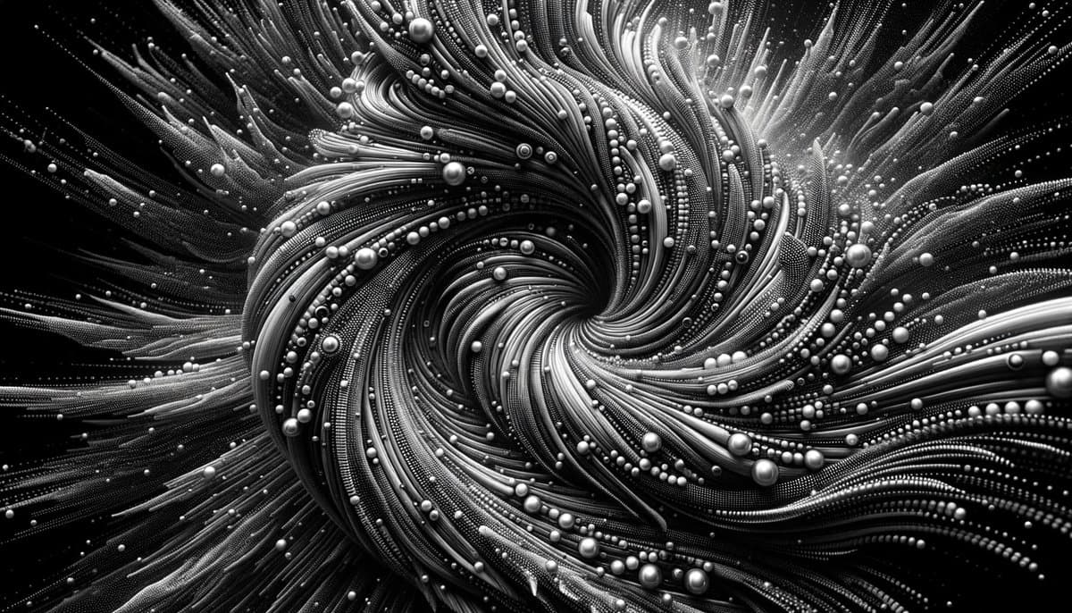 A black-and-white abstract digital artwork featuring swirling, flowing lines and scattered spherical dots that create a vortex-like pattern against a dark background.