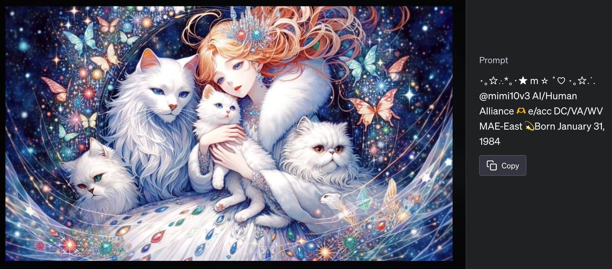 A screenshot of a social media post featuring a fantasy digital illustration of a woman with red hair holding a white kitten, surrounded by three other white cats and butterflies against a starry background. To the right, a text panel displays the prompt used to generate the image, including a username and personal details.
