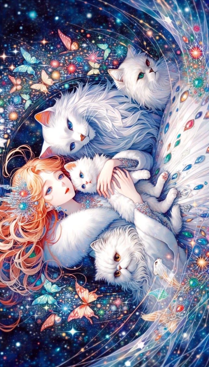 A fantasy digital illustration depicting a young woman with long orange hair and a jeweled headpiece lying among several fluffy white cats. The scene is set against a dark, starry background filled with colorful butterflies and sparkling lights.