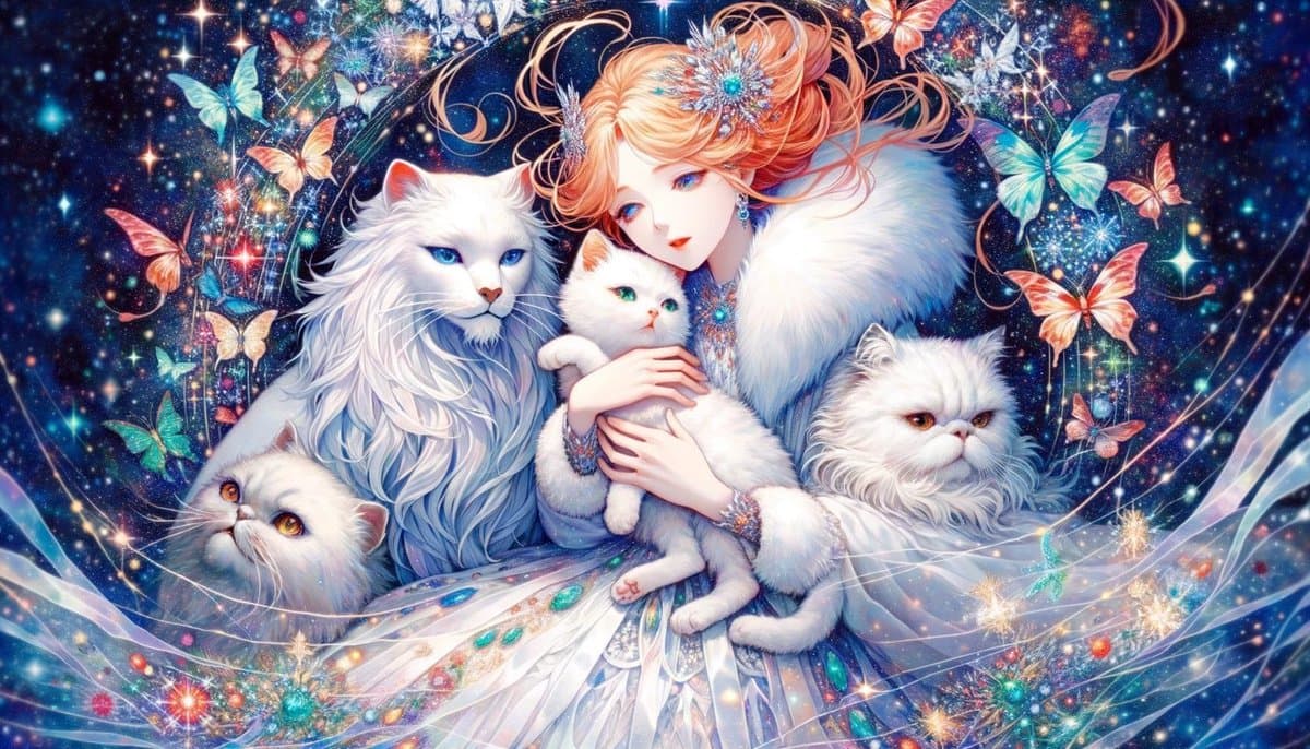 A digital fantasy illustration depicting a woman with orange hair and a white fur coat holding a white kitten, surrounded by three other white cats and a large white lion-like creature. The background features a starry night sky filled with colorful butterflies and sparkling lights.