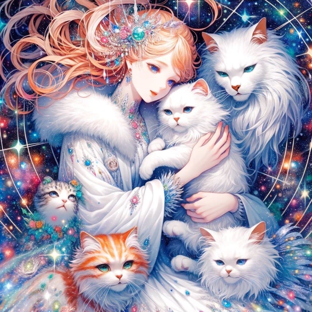 A digital fantasy illustration of a woman with long, flowing hair and ornate jewelry holding a white cat, surrounded by four other cats against a cosmic, starry background. The woman wears a white, fur-trimmed outfit adorned with gems, and the cats include white, orange, and tabby varieties. The scene is vibrant with bright colors and sparkling effects.