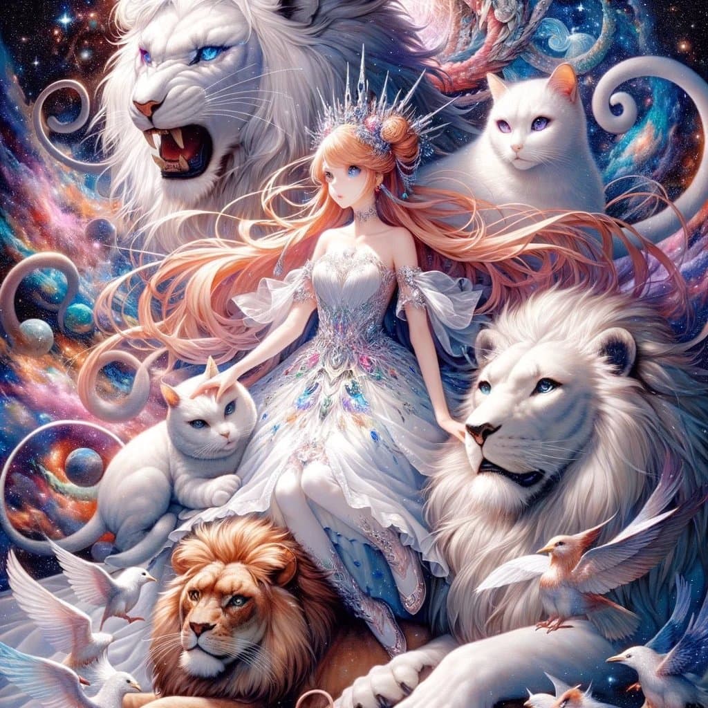 A digital fantasy illustration featuring a woman in an ornate white gown surrounded by white lions, white cats, and birds against a cosmic, starry background. The image is presented in a horizontal layout despite the vertical composition of the central figure.