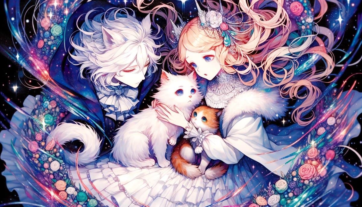 A digital illustration in an anime style depicting a white-haired, fox-eared character and a blonde, cat-eared character sitting together with two small kittens against a cosmic, starry background. The characters are dressed in elaborate, frilly clothing with floral accents.
