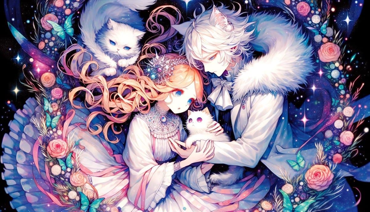 A fantasy anime-style illustration depicting a young man with white hair and fox ears and a young woman with orange hair and a jeweled headpiece, both holding a small white kitten. They are surrounded by a decorative frame of roses, butterflies, and stars against a dark, cosmic background.