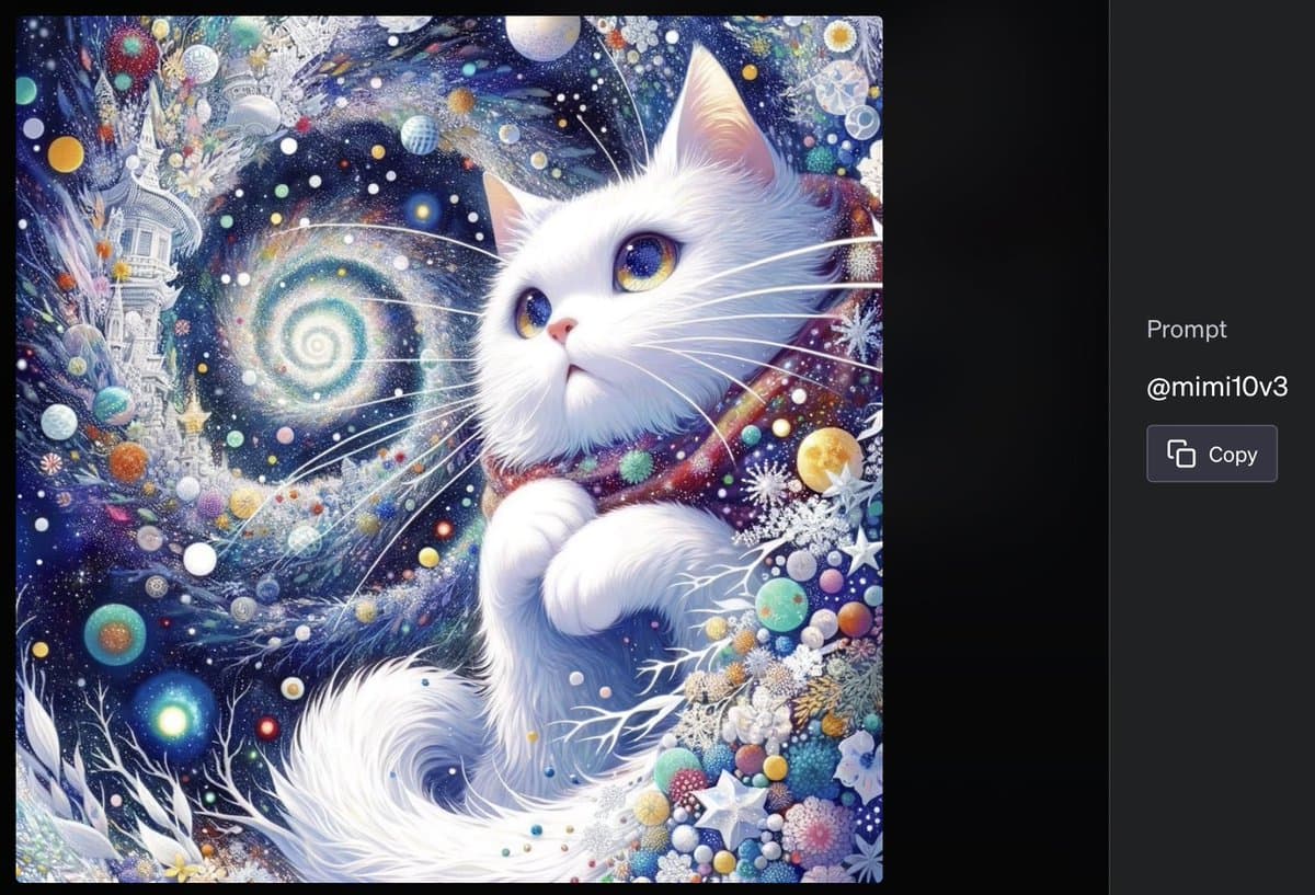 A screenshot of an AI image generation interface displaying a whimsical, fantasy-style illustration of a white cat with large eyes against a cosmic background of planets and stars. To the right, a dark sidebar shows the prompt used to generate the image.
