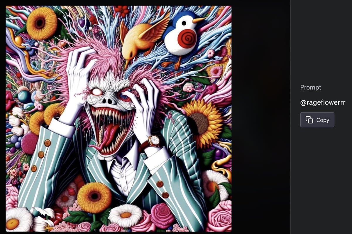 A screenshot of an AI image generation interface displaying a surreal, colorful artwork of a screaming figure in a pinstripe suit surrounded by flowers and birds. The right-hand panel shows the text prompt used to generate the image.