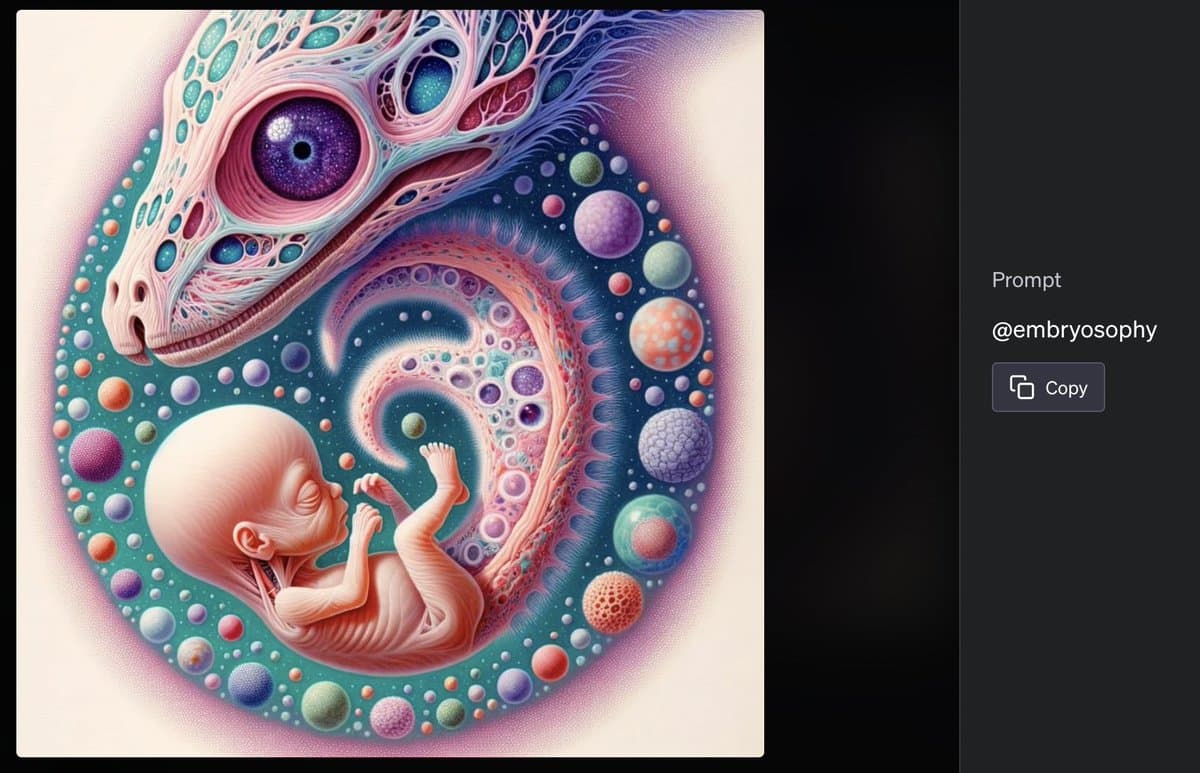 A surreal digital illustration depicting a stylized, multi-colored lizard head and a curled-up fetus within a cosmic, bubble-filled environment. To the right, a dark sidebar displays the text 'Prompt' followed by the username '@embryosophy' and a 'Copy' button.