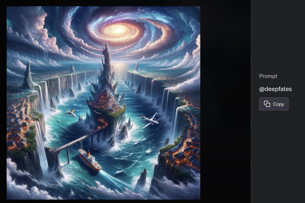 A screenshot of an AI image generation interface displaying a surreal, fantasy landscape with floating islands, waterfalls, and a swirling galaxy in the sky. The right-hand panel shows the prompt used to generate the image.