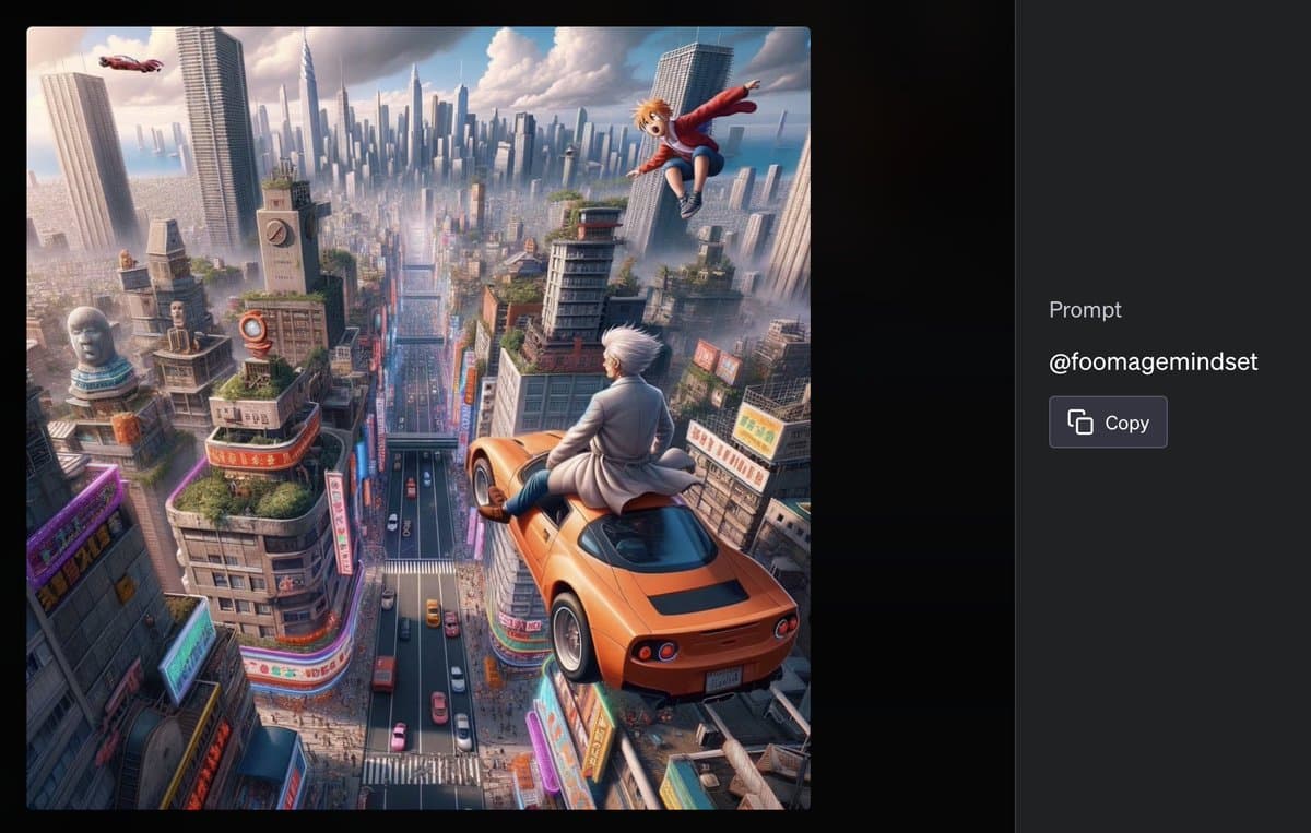 A screenshot of an AI image generation interface displaying a detailed, anime-style illustration of a futuristic city. The artwork features a character sitting on a floating orange sports car and another character flying through the air, with a prompt panel visible on the right side.