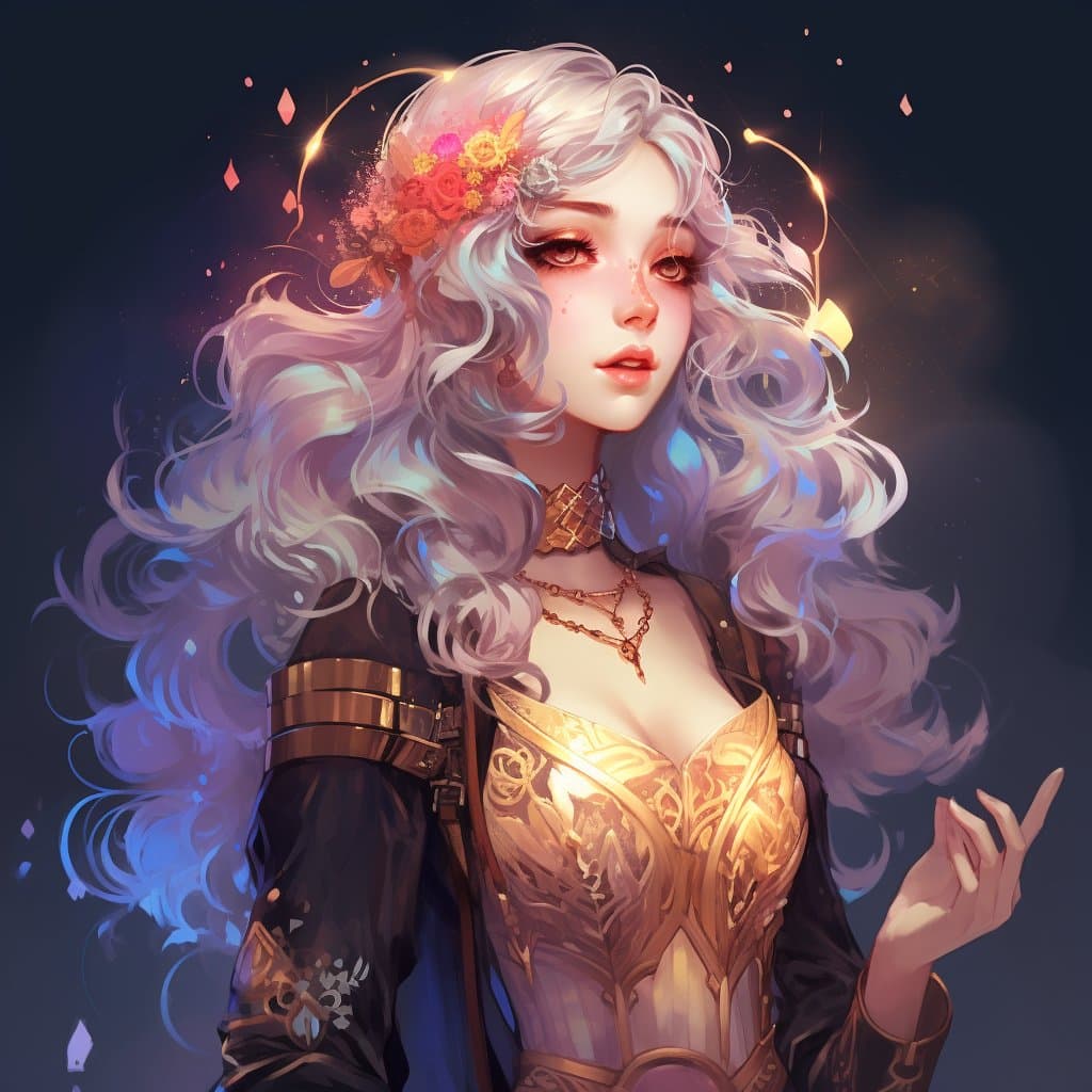 A digital fantasy portrait of a woman with long, wavy white hair adorned with a crown of pink and orange flowers. She wears ornate golden armor over a dark outfit, set against a dark background with glowing, magical particles.