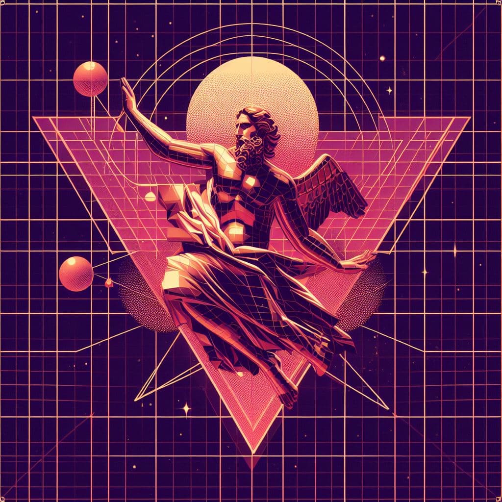 A digital illustration in a retro-futuristic style featuring a winged, bearded figure seated within a large, inverted triangle. The artwork uses a neon pink and purple color palette with a grid background, geometric shapes, and celestial elements like a large moon and planets.