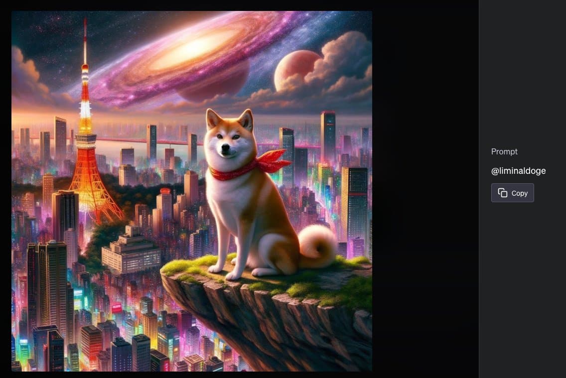 A digital artwork depicting a Shiba Inu dog wearing a red scarf, sitting on a grassy cliff edge overlooking a futuristic, neon-lit cityscape with a prominent tower and a galaxy in the sky. The image is displayed within a social media interface that includes a prompt section on the right side.