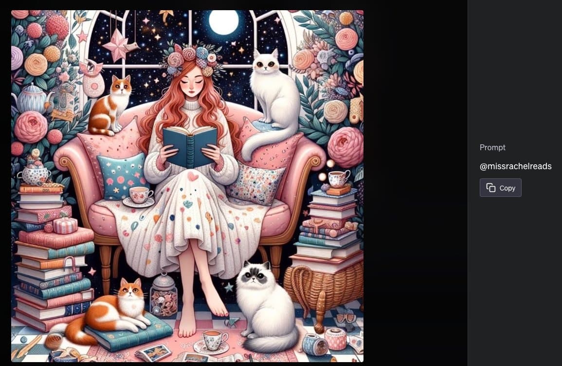 A screenshot of a digital art generator interface displaying a whimsical illustration of a woman reading a book on a pink sofa surrounded by three cats, stacks of books, and a starry night window. The right side of the image shows a dark sidebar with a prompt field.