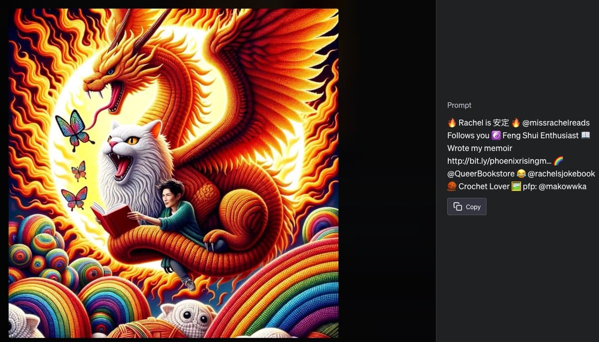A screenshot of a social media post featuring a vibrant, surreal digital illustration of a person reading a book while sitting on a large, fiery dragon next to a white cat, with a text panel on the right displaying the prompt used to generate the image. The prompt includes the user's name, handle, and various descriptive tags such as 'Feng Shui Enthusiast' and 'Crochet Lover'.