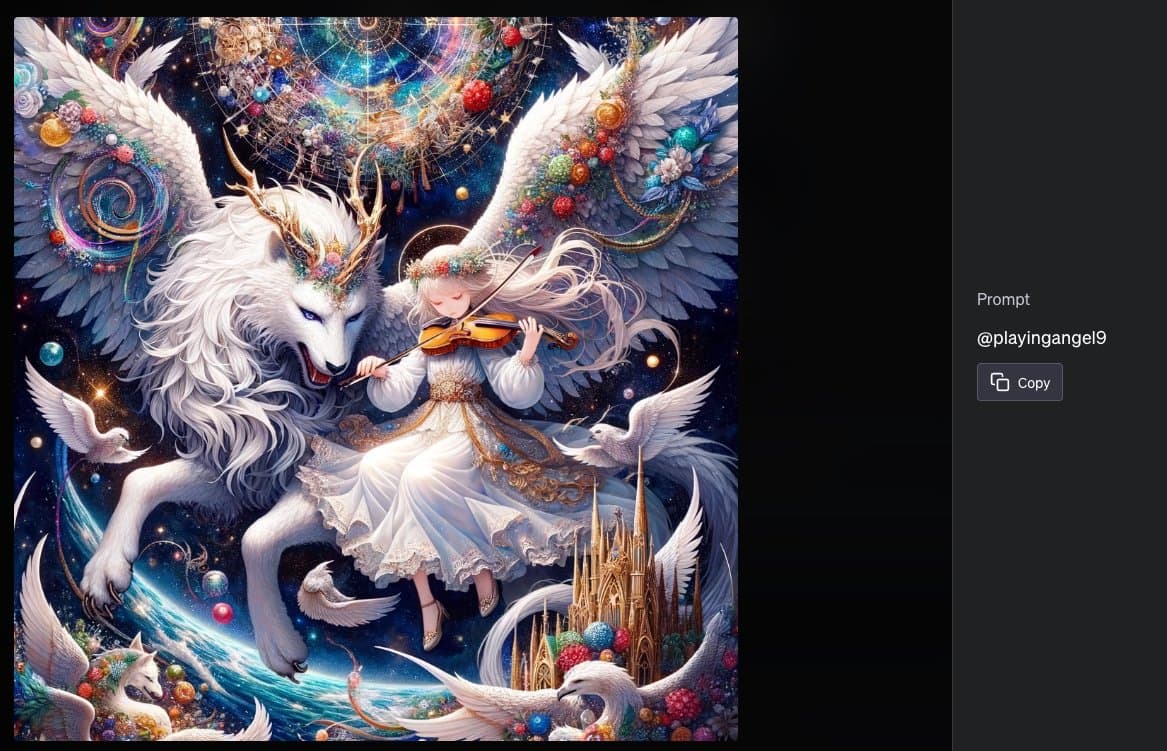 A screenshot of a digital art generation interface displaying a fantasy illustration of a winged girl playing the violin next to a large white winged wolf. The image is set against a cosmic background with celestial elements and a golden castle. On the right side, a panel shows the prompt used to generate the image.