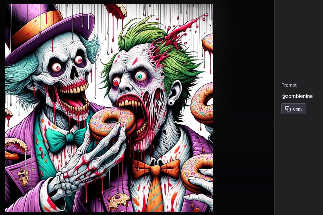 A screenshot of a digital art generator interface displaying a horror-themed illustration of two zombie-like figures resembling the Joker eating donuts, with a prompt panel on the right side.