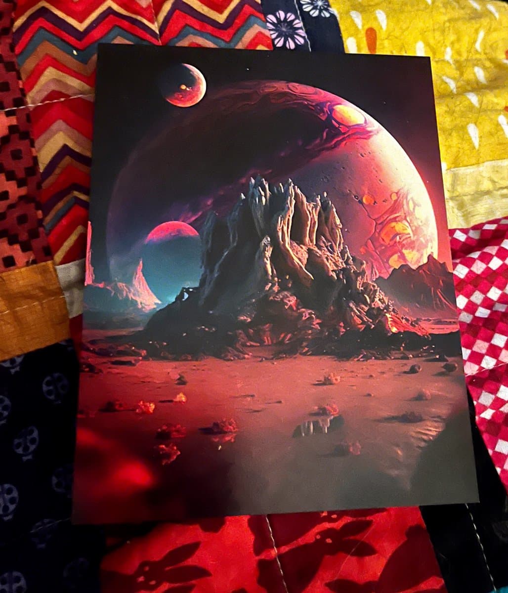 A photograph of a printed postcard featuring a surreal, sci-fi landscape with a large planet and rocky formations, resting on a colorful, patterned quilt.