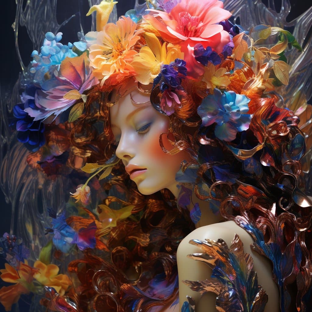 A digital artwork depicting a woman with her eyes closed, her hair and body intertwined with vibrant, colorful flowers and glossy, organic textures. The image features a surreal, high-detail style with a focus on rich hues of orange, blue, and purple.