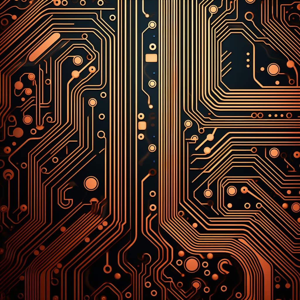 A close-up, stylized image of a printed circuit board (PCB) featuring intricate copper-colored traces and pads on a dark background. The design is symmetrical and abstract, resembling a technological or digital theme.