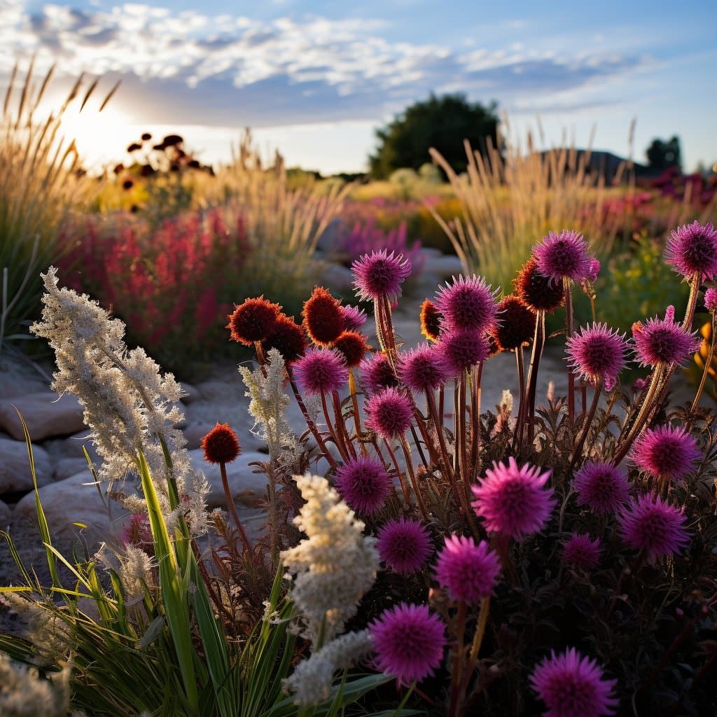 A close-up photograph of a garden at sunset, featuring vibrant purple and red globe amaranth flowers in the foreground alongside white ornamental grasses. The background shows a blurred landscape with more flowers, tall grasses, and a setting sun casting a warm glow over the scene.