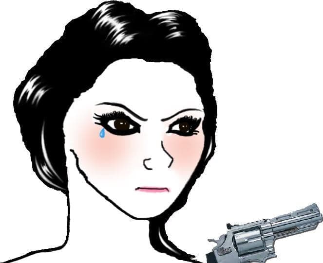A digital illustration of a woman with black hair, a single tear on her cheek, and a stern expression, holding a silver revolver. The image is a meme-style graphic with no text.
