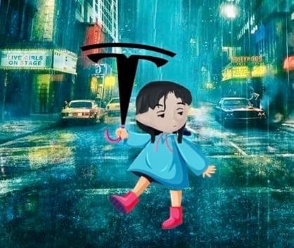 A digital illustration of a young girl in a blue raincoat and red boots walking through a rainy city street at night, holding a black umbrella with a large white letter 'T' on it.