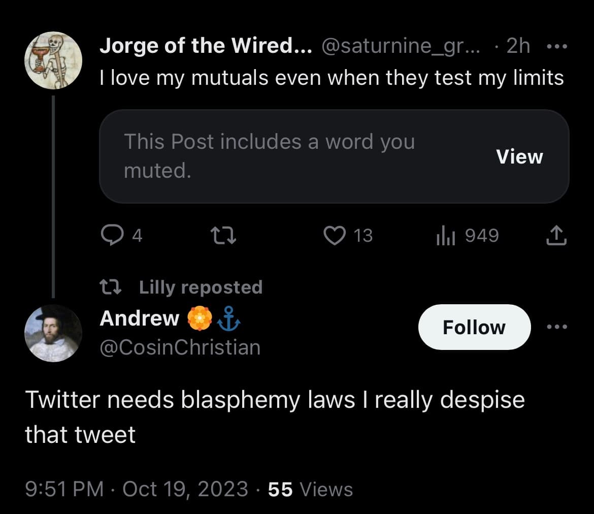A screenshot of a Twitter thread showing a reply from user 'Jorge of the Wired...' to a post by 'Andrew'. The reply is partially hidden by a 'muted word' notification box. The original post by Andrew is visible below.