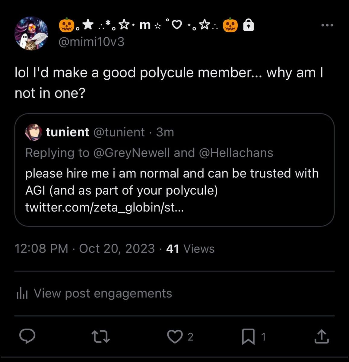A screenshot of a Twitter post by user @mimi10v3, which quotes a tweet from @tunient. The main post reads "lol I'd make a good polycule member... why am I not in one?" while the quoted tweet says "please hire me i am normal and can be trusted with AGI (and as part of your polycule)."