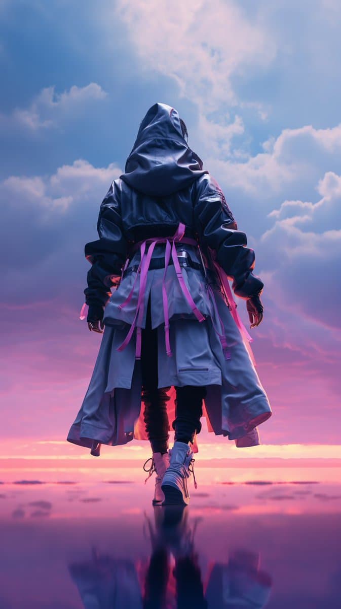 A digital illustration of a hooded figure in futuristic, layered clothing walking away from the viewer across a reflective surface toward a pink and blue sunset sky. The image has a sci-fi or cyberpunk aesthetic with vibrant, saturated colors.