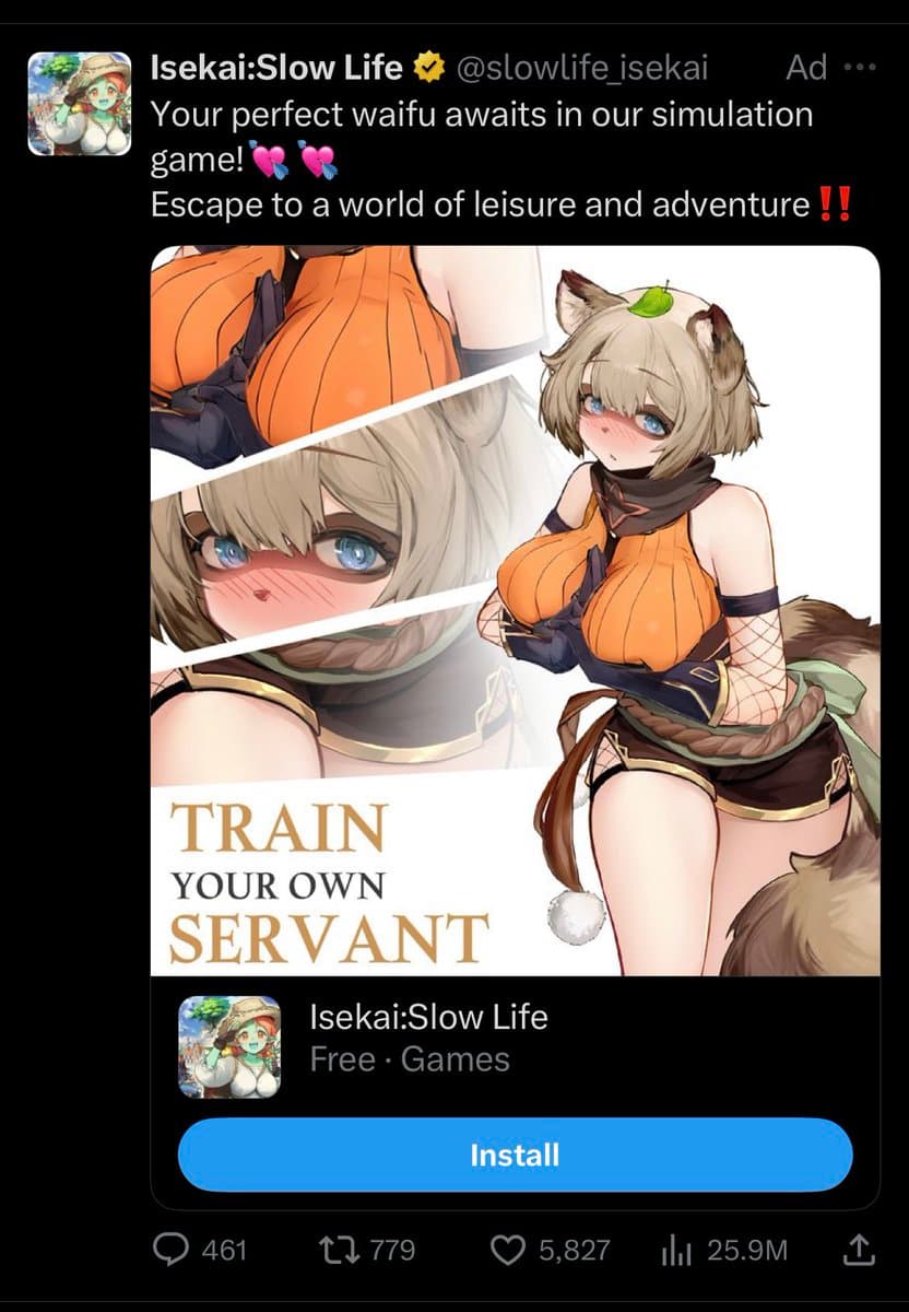A screenshot of a Twitter post featuring an advertisement for the mobile game 'Isekai:Slow Life.' The ad displays an anime-style character with animal ears and a pumpkin-themed outfit, alongside promotional text.