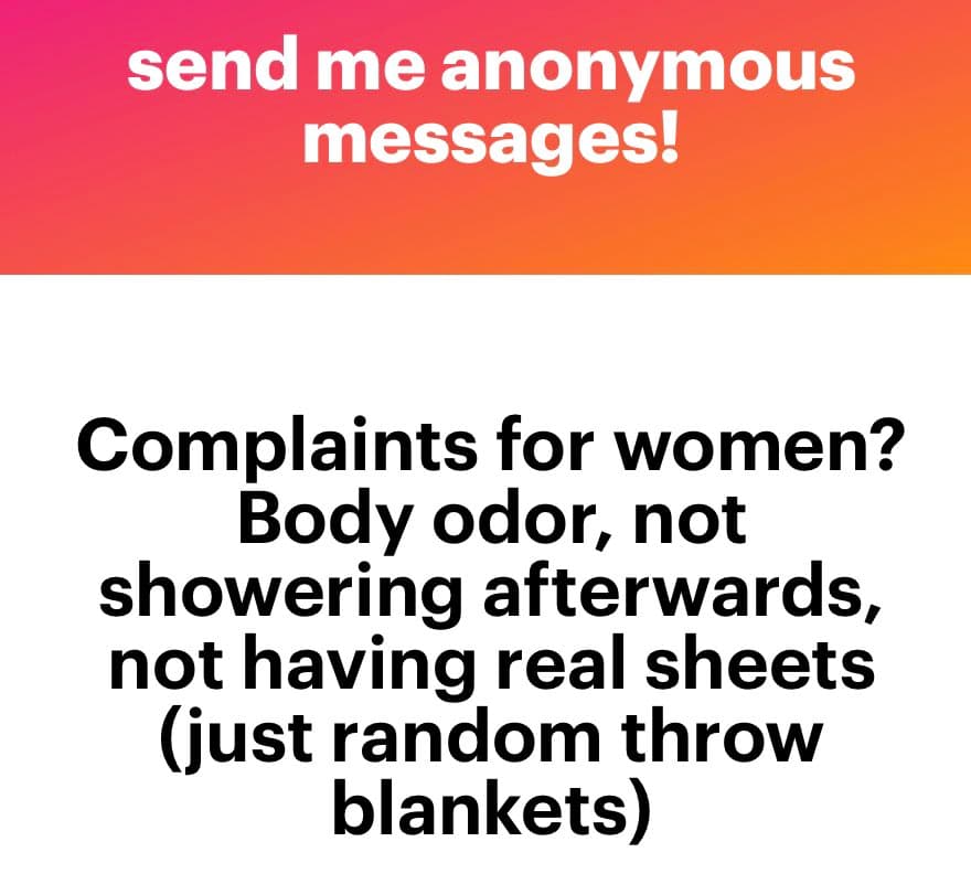 A text-based image with a pink-to-orange gradient header and a white body. The header contains white text, and the body contains black text listing complaints.