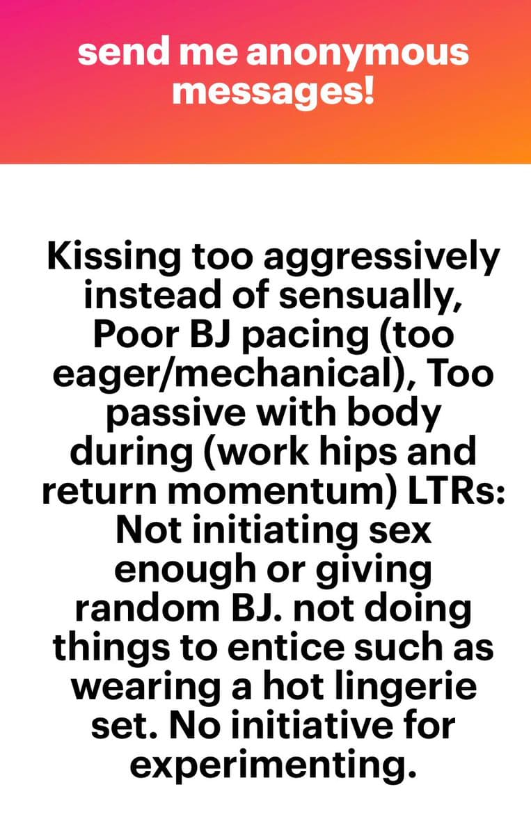 A text-based image with a red-to-orange gradient header and a white body. The header contains a call to action, while the body lists several criticisms related to intimate behavior and communication.