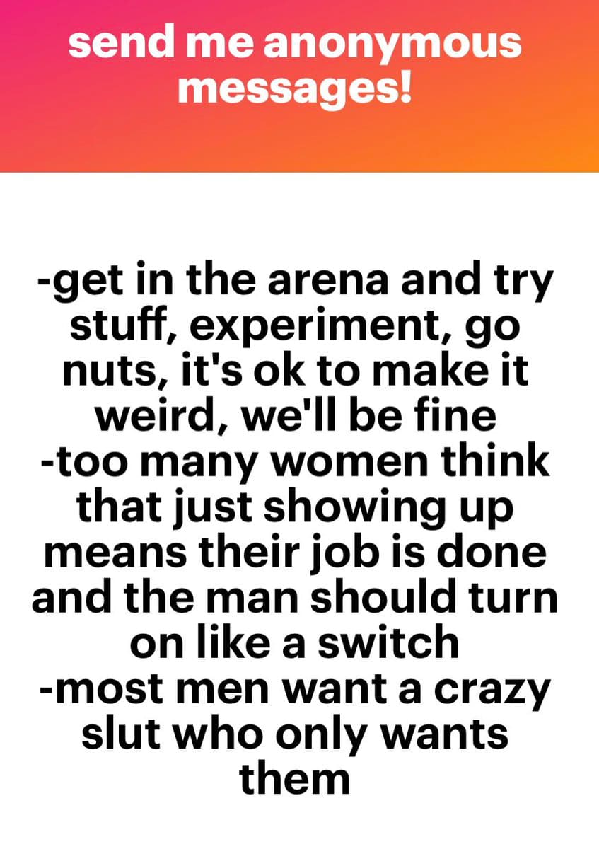 A text-based social media post with a red-to-orange gradient header and a white body. The header invites anonymous messages, while the body lists three bullet points offering advice on dating and relationships.