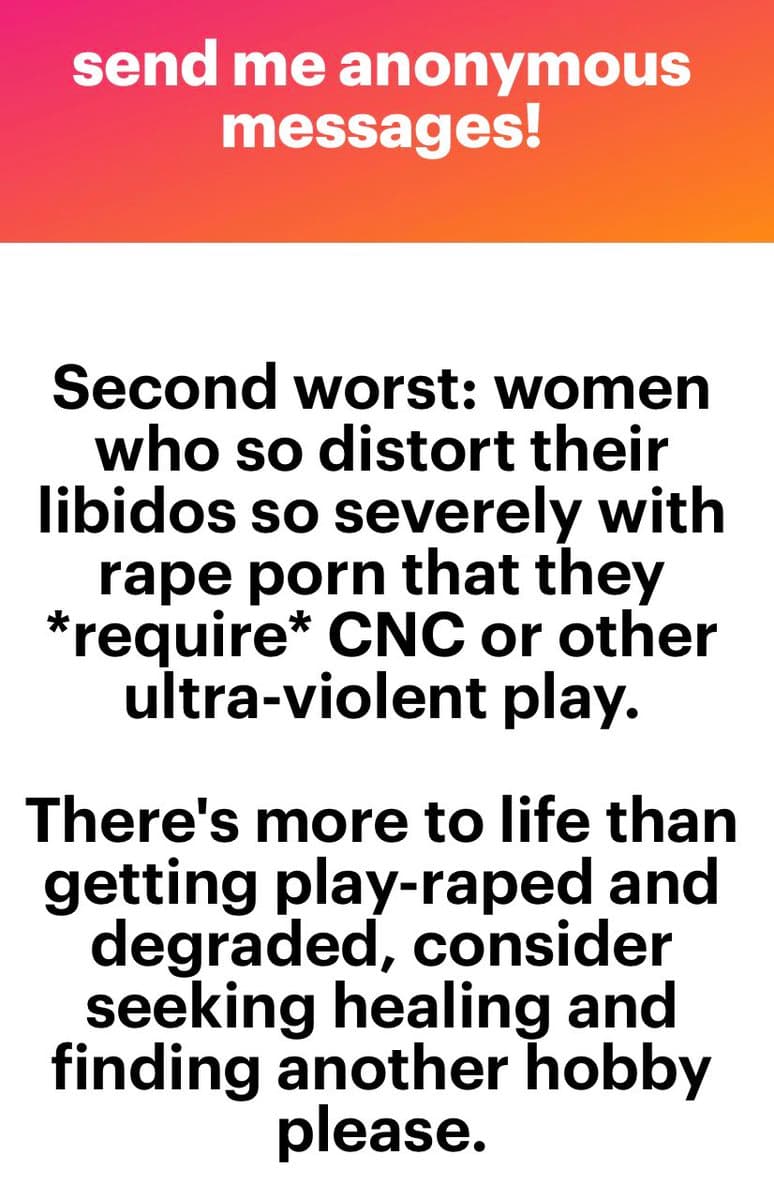 A text-based social media post with a red-to-orange gradient header and a white body. The header invites anonymous messages, while the body text criticizes a specific group of women for their consumption of violent pornography and suggests they seek healing and find other hobbies.