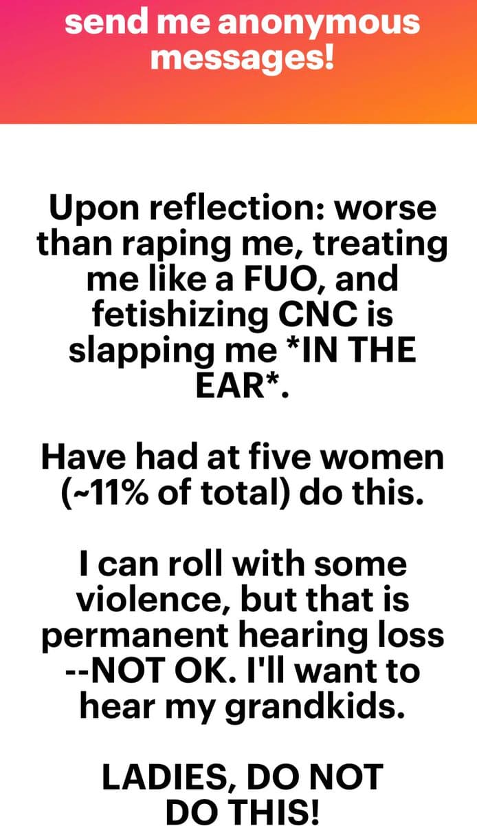 A text-based social media post with a red-to-orange gradient header and a white body containing black text. The post is a personal statement about receiving anonymous messages and a specific incident of physical harm.